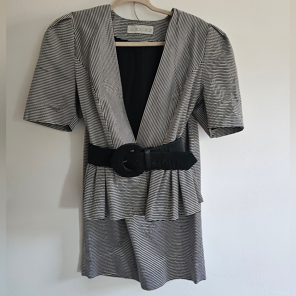 80s George Gross Black-and-White Striped Belted Skirt-Suit